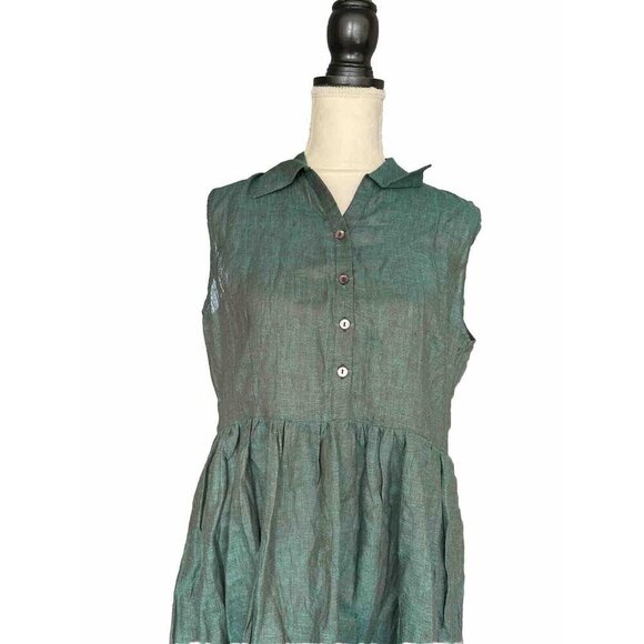 Linen Blend Green Loose Fit  Sleeveless Button Front Pleated Dress No Size Tag - Picture 2 of 11